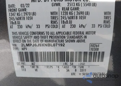 2022 Lincoln Nautilus Standard from USA, damaged, VIN 2LMPJ6J9XNBL07192